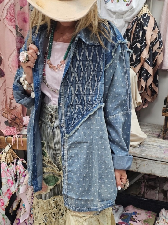 A Rare Bird Tops - A Rare Bird Light Wash Button Down Polka Dot Frayed Denim Shirt